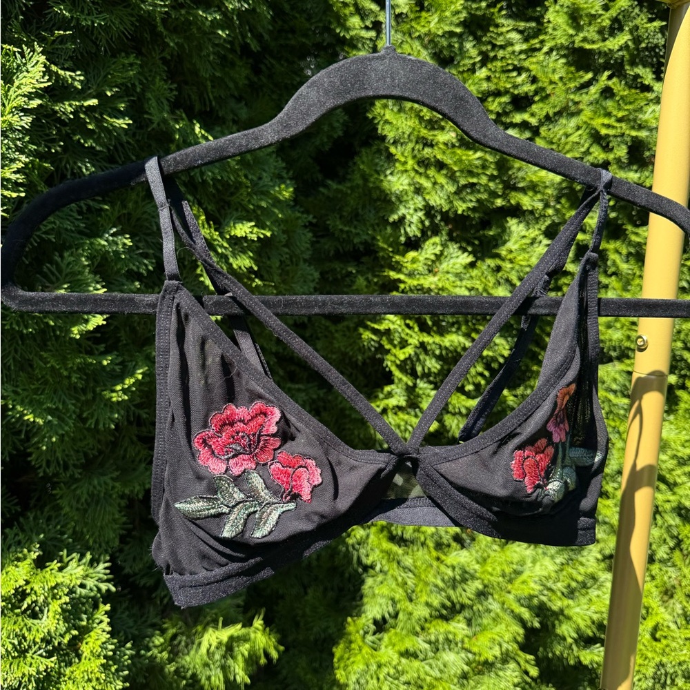 Floral Embroidered Black Bralette